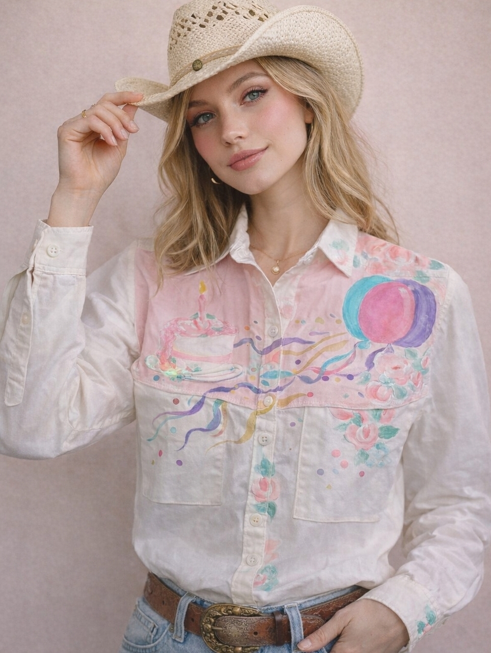 Vintage Squigglez Hand Painted Birthday Shirt NWT Novelty Western Top S
